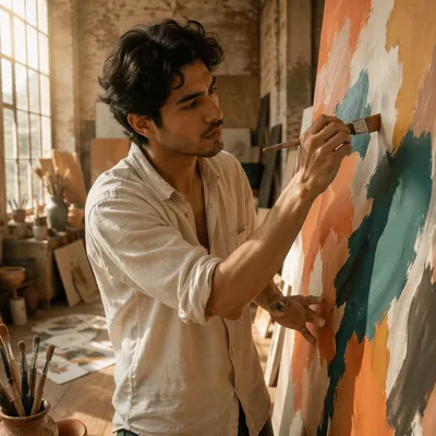Young Latino Artist Painting in Studio