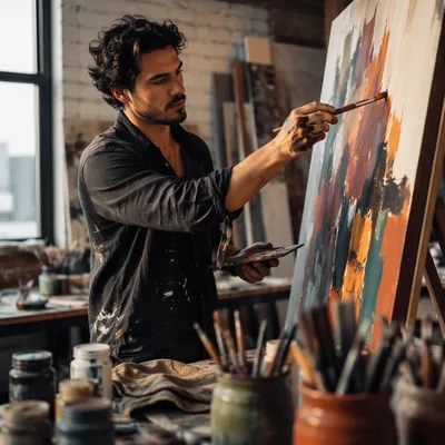 Latino Artist Painting Abstract Canvas in Studio