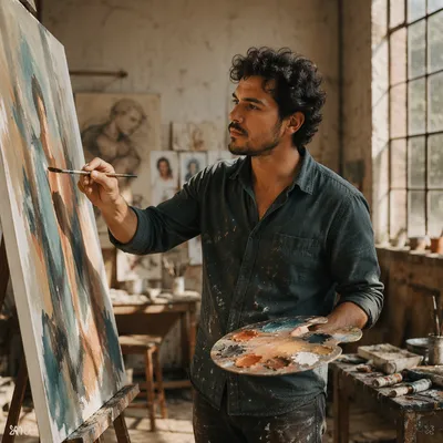 Latino Artist Painting in Sunlit Studio