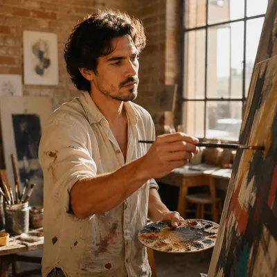 Latino Artist Painting in Sunlit Studio