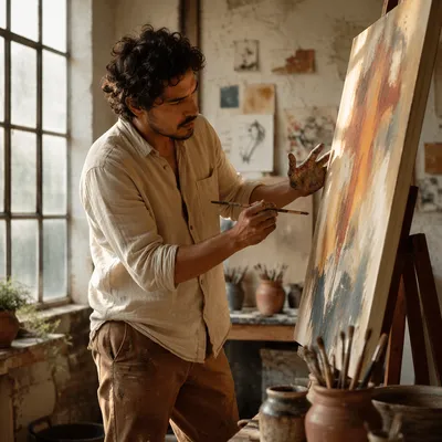 Latino Artist Painting in Sunlit Studio