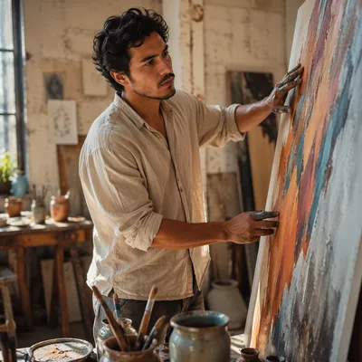 Latino Artist Painting in Sunlit Studio