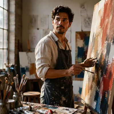 Latino Artist Painting in Sunlit Studio
