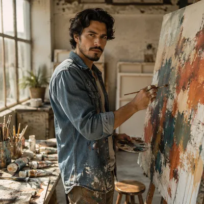 Latino Artist Painting in Sunlit Studio