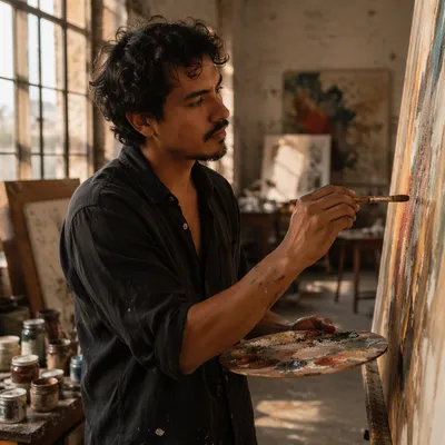 Latino Painter Working in Sunlit Studio