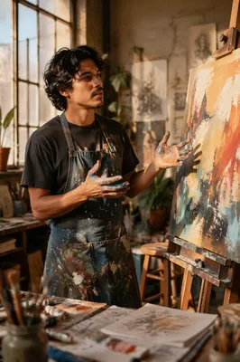 Young Latino Artist in Sunlit Studio