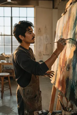 Young Latino Artist Painting in Studio