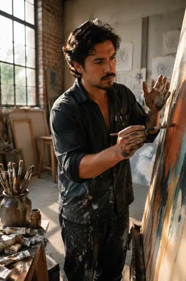 Latino Artist Painting in Sunlit Studio