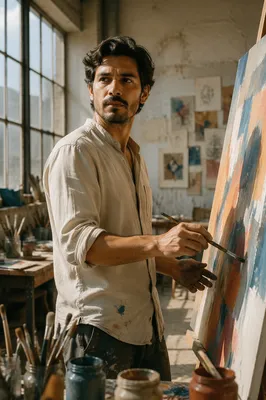Latino Artist Painting in Sunlit Studio