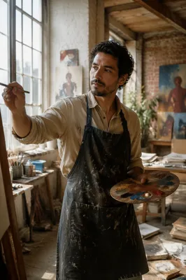 Latino Painter Working in Sunlit Studio