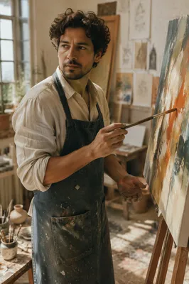 Latino Artist Painting in Sunlit Studio