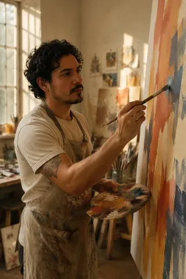 Latino Artist Painting in Sunlit Studio