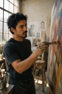 Young Latino Artist Painting in Studio