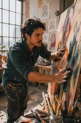Latino Artist Painting in Sunlit Loft Studio