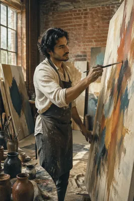 Latino Artist Painting in Sunlit Studio