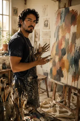 Latino Artist Beside Abstract Canvas in Studio