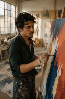 Latino Artist Painting in Sunlit Studio