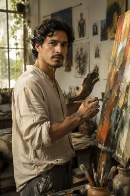Latino Artist Painting in Sunlit Studio