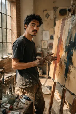 Young Latino Artist in Sunlit Studio