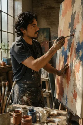 Latino Artist Painting in Sunlit Studio