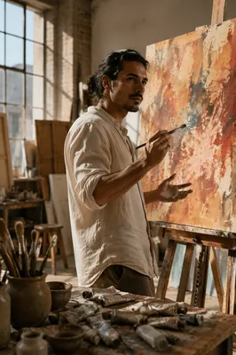 Latino Artist Painting in Sunlit Studio