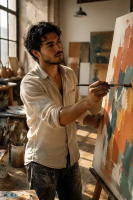 Young Latino Artist Painting in Sunlit Studio