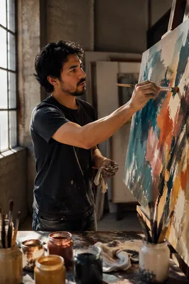 Latino Artist Painting in Sunlit Studio