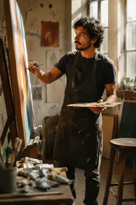 Latino Artist Painting in Sunlit Studio