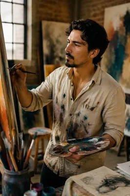Latino Artist Painting in Sunlit Studio
