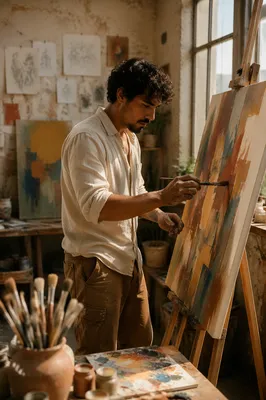 Latino Artist Painting in Sunlit Studio