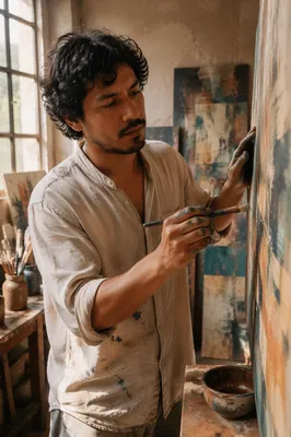 Latino Artist Painting in Sunlit Studio