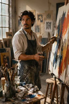 Latino Artist Painting in Sunlit Studio