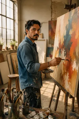 Latino Artist Painting in Sunlit Studio