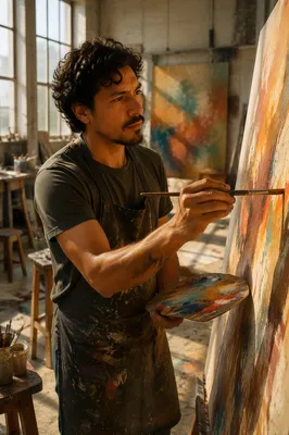 Latino Artist Painting in Sunlit Studio