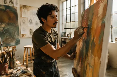 Young Artist Painting in Sunlit Studio