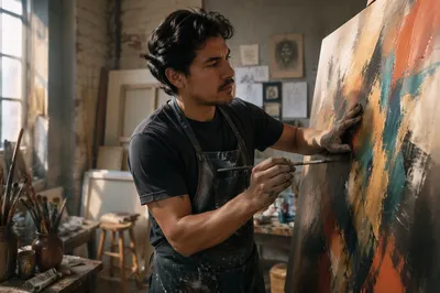 Latino Artist Painting in Sunlit Studio