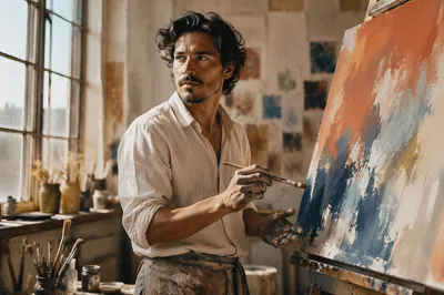 Latino Artist Painting in Sunlit Studio