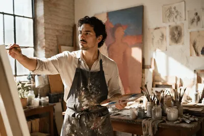 Latino Artist Painting in Sunlit Studio
