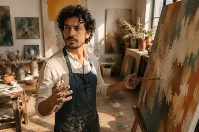 Latino Artist Painting in Sunlit Studio