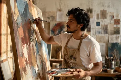 Latino Artist Painting in Sunlit Studio
