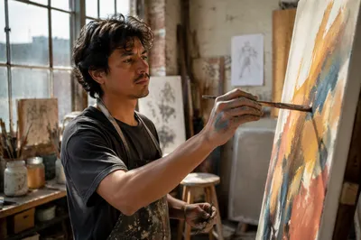 Latino Artist Painting in Sunlit Studio