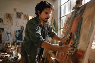 Latino Painter Working in Sunlit Loft Studio