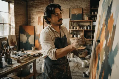Latino Artist Painting in Sunlit Studio