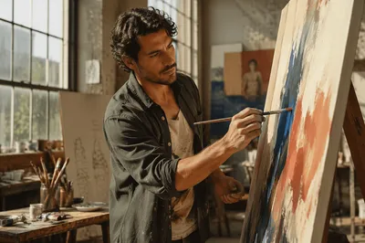 Latino Artist Painting in Sunlit Studio