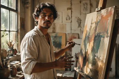 Latino Artist Painting in Sunlit Studio