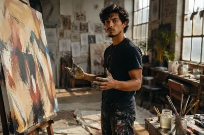 Young Latino Artist in Sunlit Studio