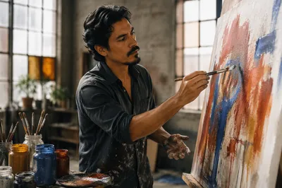 Latino Artist Painting in Sunlit Studio