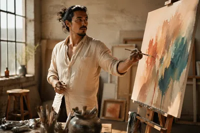 Latino Artist Painting in Sunlit Studio