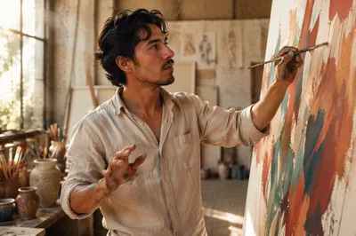 Young Latino Artist Painting in Studio