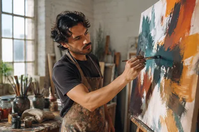 Latino Artist Painting in Sunlit Studio